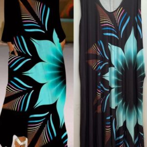 Vestido licra negro flor turquesa.
