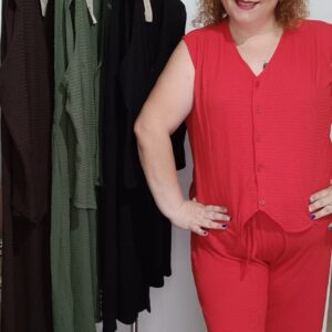 Conjunto pantalón y  chalequillo bambula.