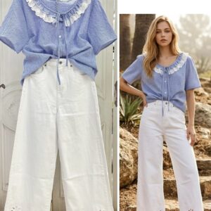 blusa celeste media manga y cuello con adorno blanco.